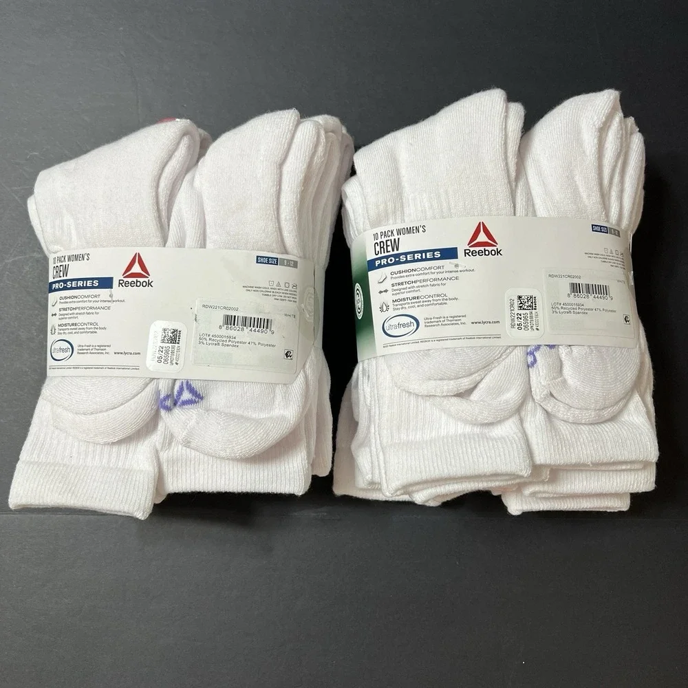 Women's Socks Crew 10 pack (9-12) White Reebok Pro-Series High Quality Lot Of 2
